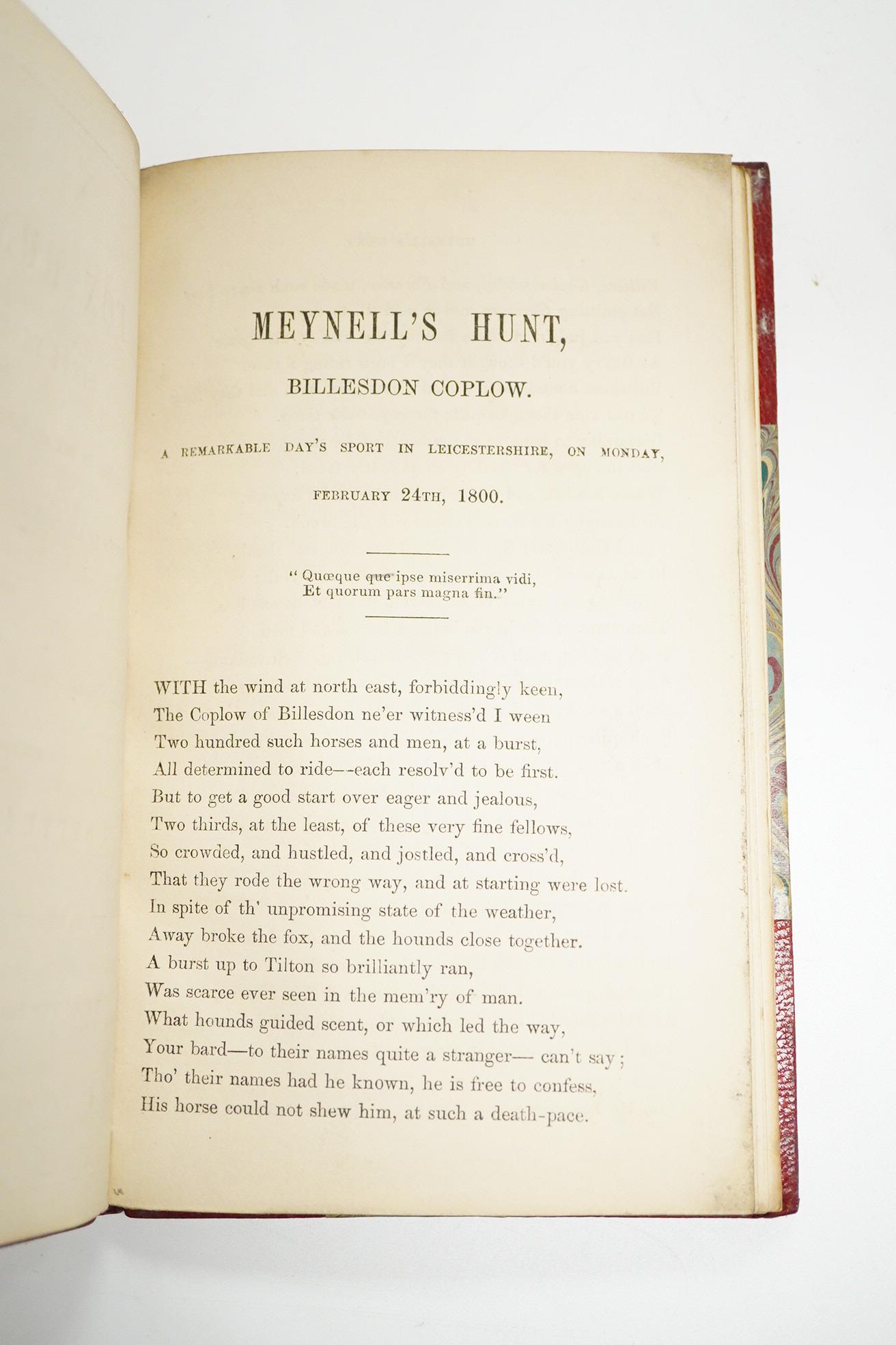 Septuagenarian - Fox Hunting Sixty Years Ago. Described in the account of two celebrated runs in Leicestershire & Warwickshire from Billesdon Coplow and Epwell Gorse ... earlier 20th cent. red half morocco and marbled bo